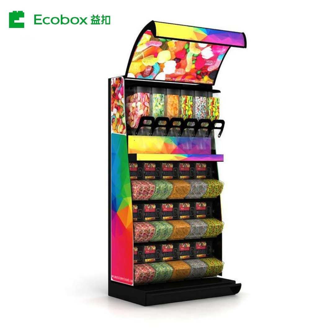 EK-026-2 iron display shelf with food dispensers and bins