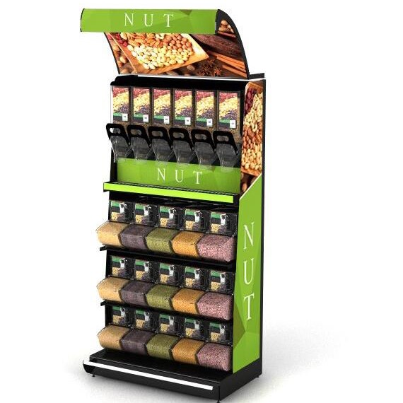 EK-026-2 iron display shelf with food dispensers and bins