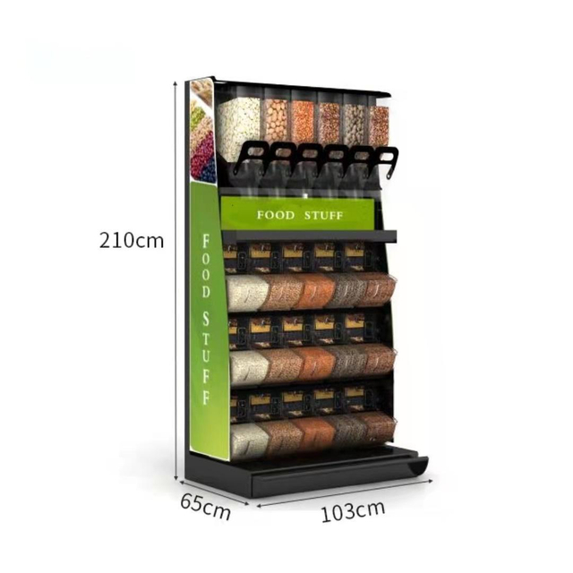 EK-026-2 iron display shelf with food dispensers and bins