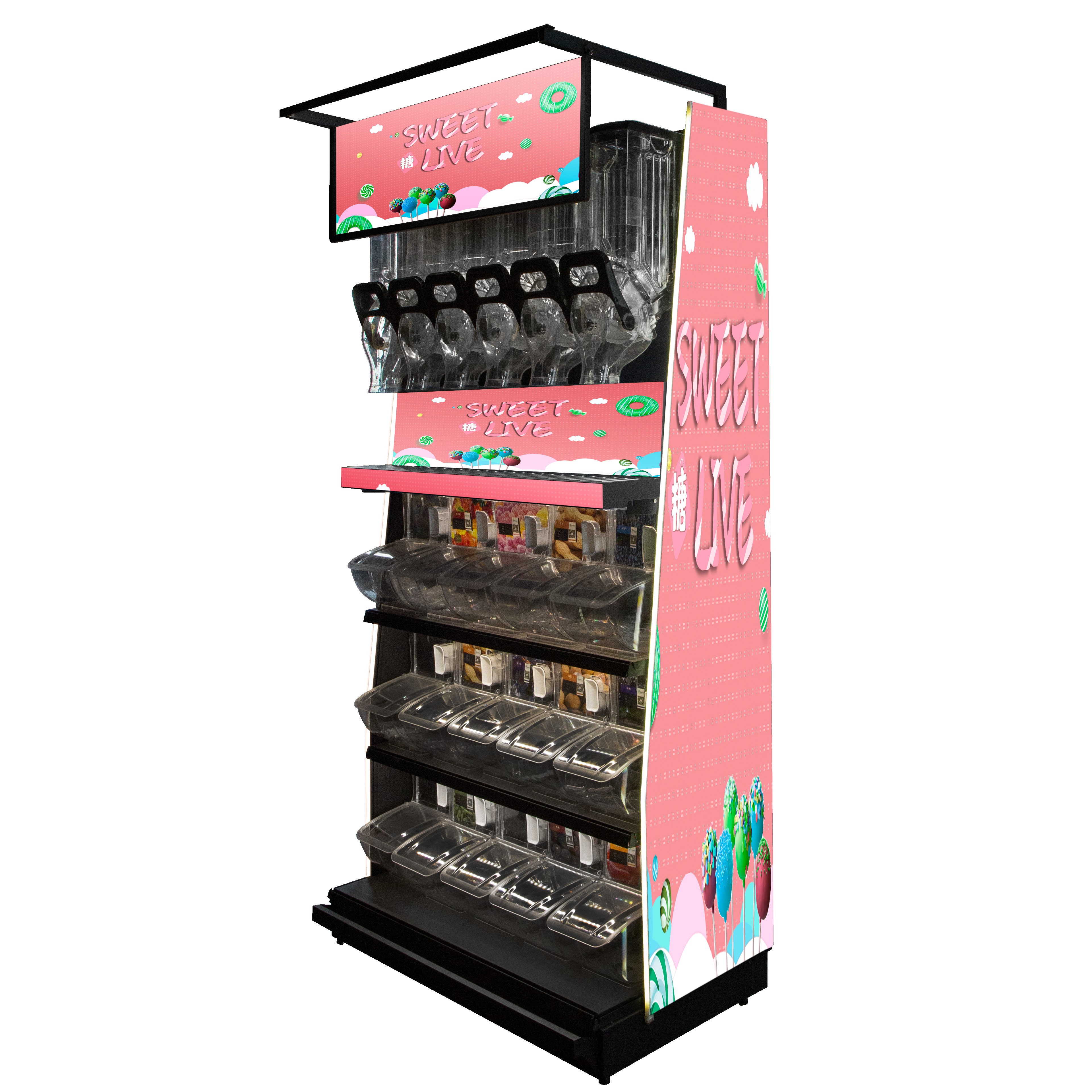 TG-0615 iron display shelf with gravity bins and scoop bins 